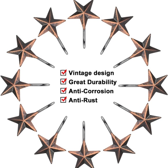 Star Decorative Rustic Shower Curtain Hooks for Home Bathroom, Set of 12, Brown - Picture 2 of 4